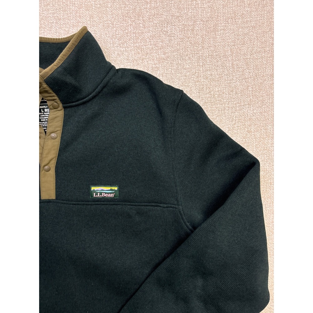 LL Bean Men Sweater Fleece Pullover Large Green Snap Neck 298050 Midweight L REG - Picture 4 of 8